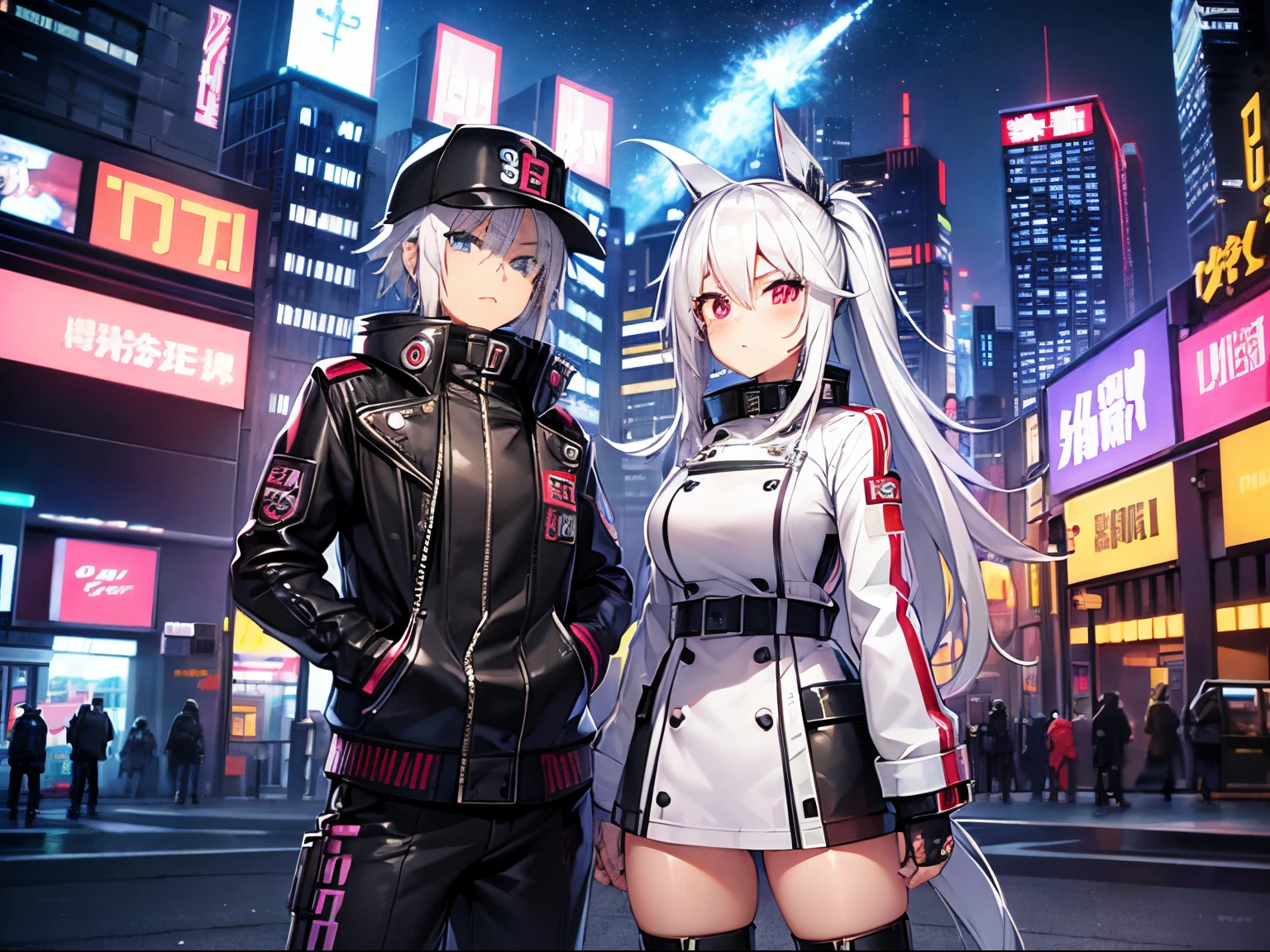 High quality、cyberpunked、girl with２a person、mechanic、comical、Anime style、white  hair、motor bikes、leather jackets、punk coloring、sity、nightcity、Street、doodle、parka、Mature、Tall Woman、Military、long bootissiles、natta、Twosome、teammate、a picture