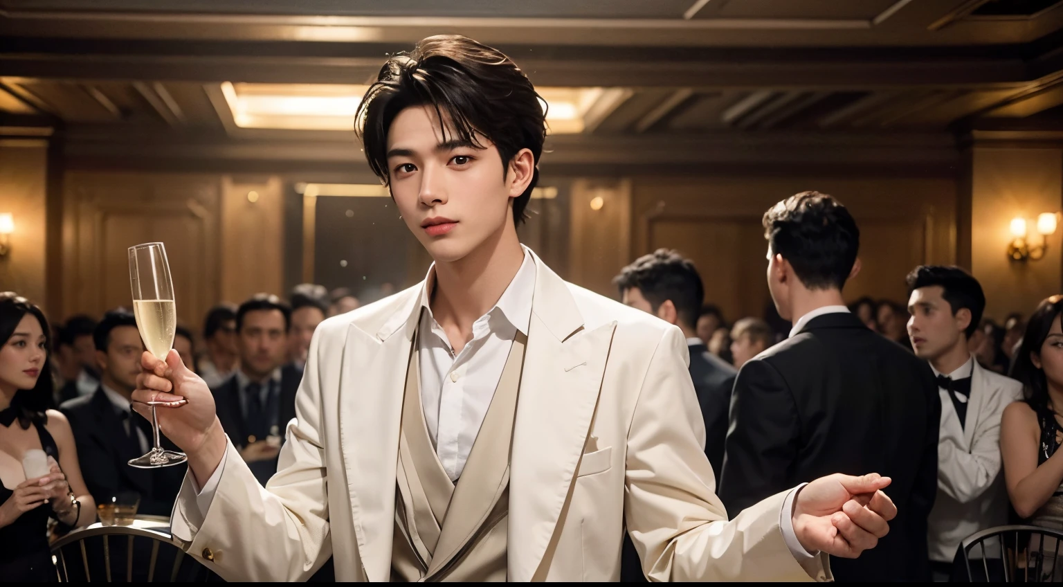 A handsome boy, Holding a tray of champagne in a women&#39;s only club, Strong physique, And the club scene is high-end and atmospheric, spent time with many women,