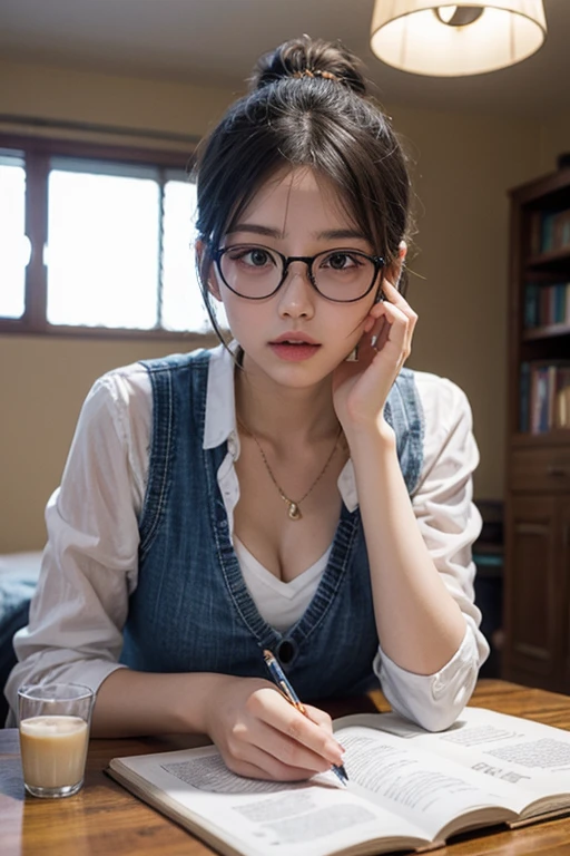 16yo woman， brunette color hair， Short ponytail， transparent thin frame glasses， Thinking face， （Wear an open button shirt， Medium breasts with）， Sat down， Learn， BREAK BREAK BREAK， lying on the table， Take a pencil， opened book， book， glass of milk， table light， BREAK BREAK BREAK， in living room， Wall decoration， Mini library， glass window， wall clock， BREAK BREAK BREAK， cinematric light， realisticlying， tmasterpiece， Best quality at best， Complex CG，Highly detailed face，High detail eyes，