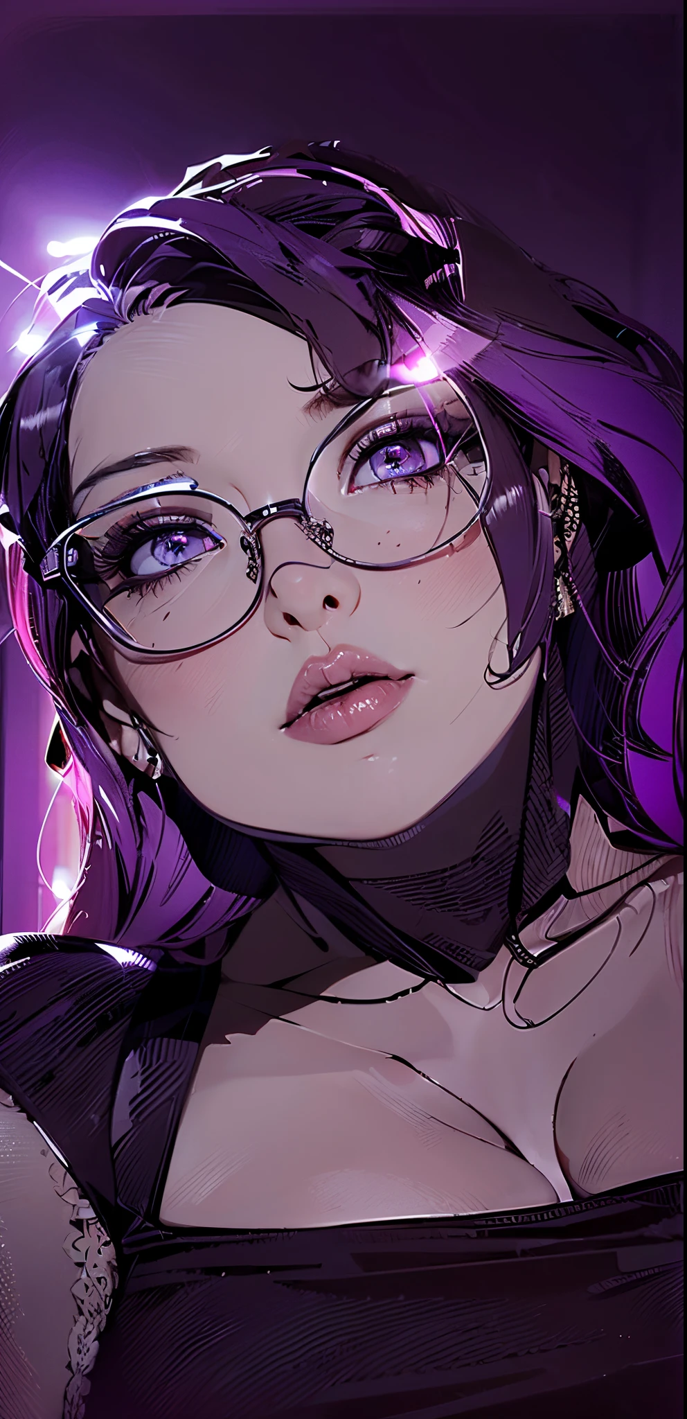 (ultra-detailed,photorealistic:1.2), HDR, professional, vivid colors, bokeh, 3D rendering, sexy curvy girl, solo, purple hair, ahegao face, big boobs, sensual, seductive pose, soft lighting, lace lingerie, high heels, boudoir photography, glamorous, confident expression, alluring gaze