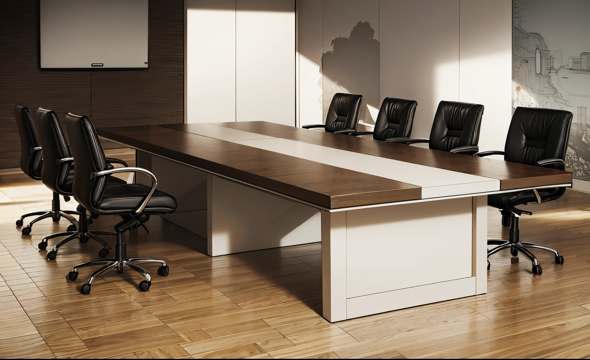 there is a large conference table with chairs and a flat screen tv, office furniture, in a meeting room, tables, cubical meeting room office, meeting room, desks, center focus on table, ready for a meeting, big desk, table, a hyper realistic, modern office, with sleek lines and a powerful, table is centered, motivational, on a desk, offices