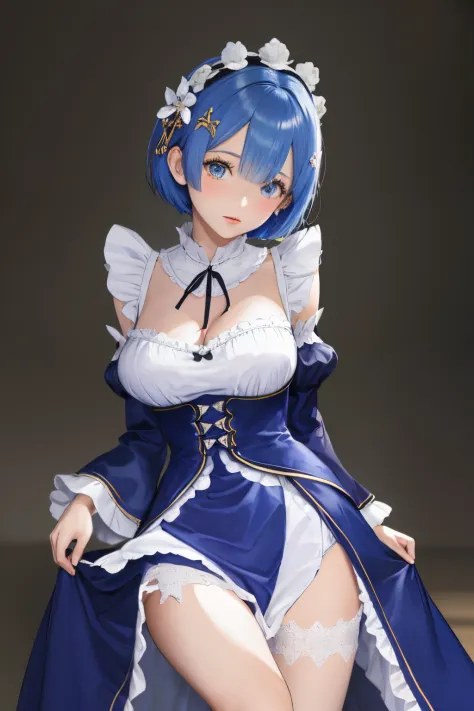 tall, Focus sharp, Pixiv masterpiece, ((Complicated details)), The is very detailed, The upper part of the body, 1个Giant Breast Girl, rem_Floor plan about the_lofi, Blue hair, short detailed hair, Maid uniform, hair adornments, décolleté, maid headdress, S...