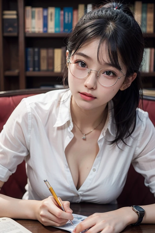 여성 1명， 검은 머리 색깔 머리， 짧은 포니테일 머리， 투명 얇은 프레임 안경， 생각하는 얼굴，미소 （버튼다운 셔츠 입기， 큰 가슴）， 앉아， 배우다， 때때로， 테이블에 누워， 연필을 가져와， 열린 책， 바보， 우유 한 잔， 테이블 조명， 때때로， 도서관에서， 벽 장식， 미니 라이브러리， 유리창， 벽 시계， 때때로， 영화 조명， 현실적으로， 걸작， 최고의 품질， 복잡한 CG，얼굴이 엄청 디테일하네요，높은 디테일의 눈，가슴 피부 표면에 우유 같은 흐름이 있습니다.