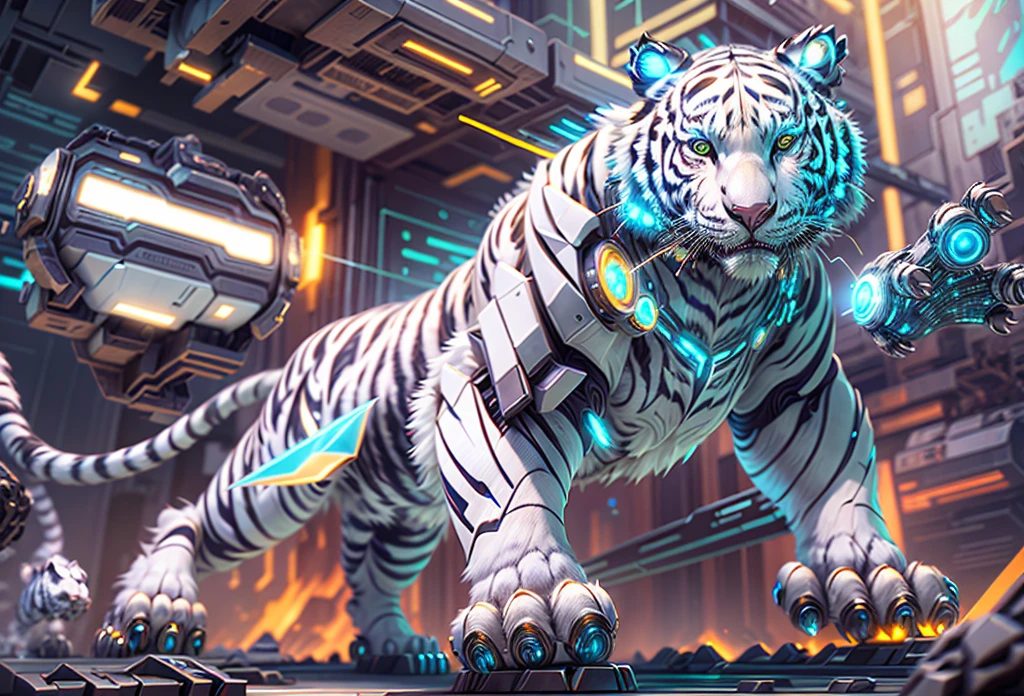 (Best quality, 8K, A high resolution, tmasterpiece), (ultra - detailed), (Mechanized white tiger made by Vibranium: 1.6), dreamy glow，glowing incandescent lamp，Cyberpunk high-tech mechanical components，(Metal paws: 1.8)，Metal head and mouth，Metal fur，pretty cool，Metal legs，Bionic eye，Detailed white skin design，suspended in mid-air, Electric white and bright orange, Vivid glowing eyes, Reflective metal surface，Interlocking mechanical gears，Dynamic and stylish design，motion blur effect，Meticulous craftsmanship，sci-fi vibes，Streamlined aerodynamic shape，Laser scanning pattern，holographic projections，Light-emitting circuit lines，Unforgettable beauty，otherworldly precision，Advanced sensors，complex algorithm，Ominous and mysterious atmosphere，electric sparks，Shiny chrome plating，Propulsion systems of the future，Solo，Medium shot，concept-art, fantasy themed，Volumetriclighting, globalillumination, reflector, hyper HD，The light is bright，RGB color，vivd colour，cyber punk style, (full body shot of，from end to end: 1.8), Mech4nim4lAI