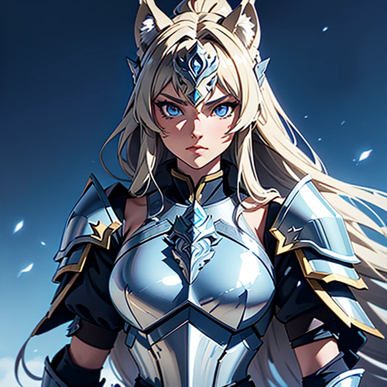 A woman wearing a wolf armor,, Saint Seiya,Wolf pale blue Armor, wolf helmet, Dark hair, Long blond hair, , Charismatic character, Avatar de seconde vie, Nice screenshot, Femme seduisante vue complète du corps, High quality, very detailed skin