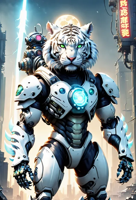 （anthropomorphic turtle：1.5），（fully body photo），cyber punk personage，middle，1 white tiger mecha（mechanical white tiger head，whit...