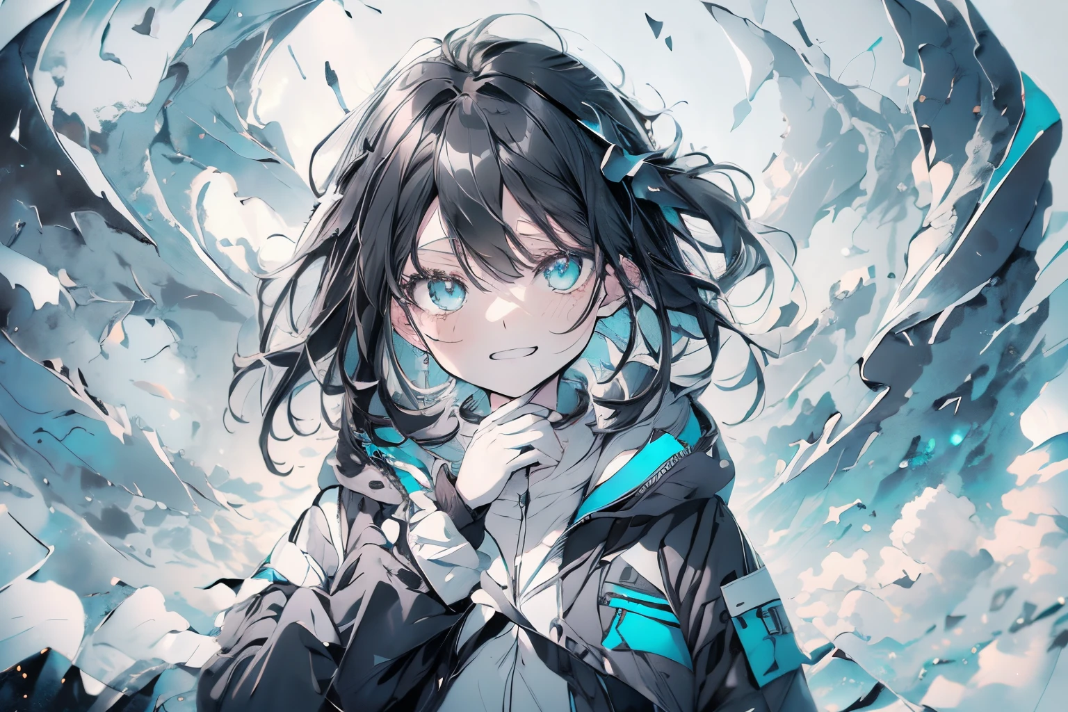 【Highest Quality, masutepiece】,Manteau, expressioness, front facing,1 girl in, Turquoise eyes,  jet-black hair, Jacket (Gray white background:1.4), (night sky background:1.3),smile,