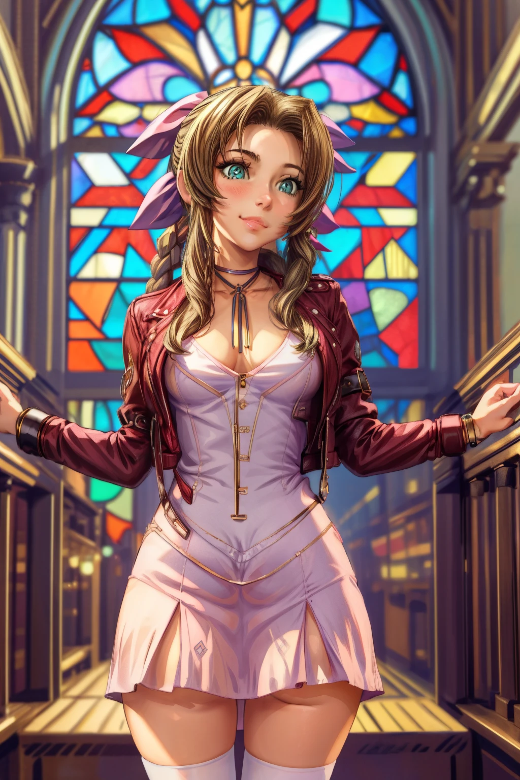 masterpiece, best quality, aerith gainsborough, bending over, lifting dress, athletic build, slim waste, wide hips, perky ass, choker, cropped jacket, hair bow, bracelet, pink dress, looking at viewer, smile, closed mouth, indoors, stained glass window