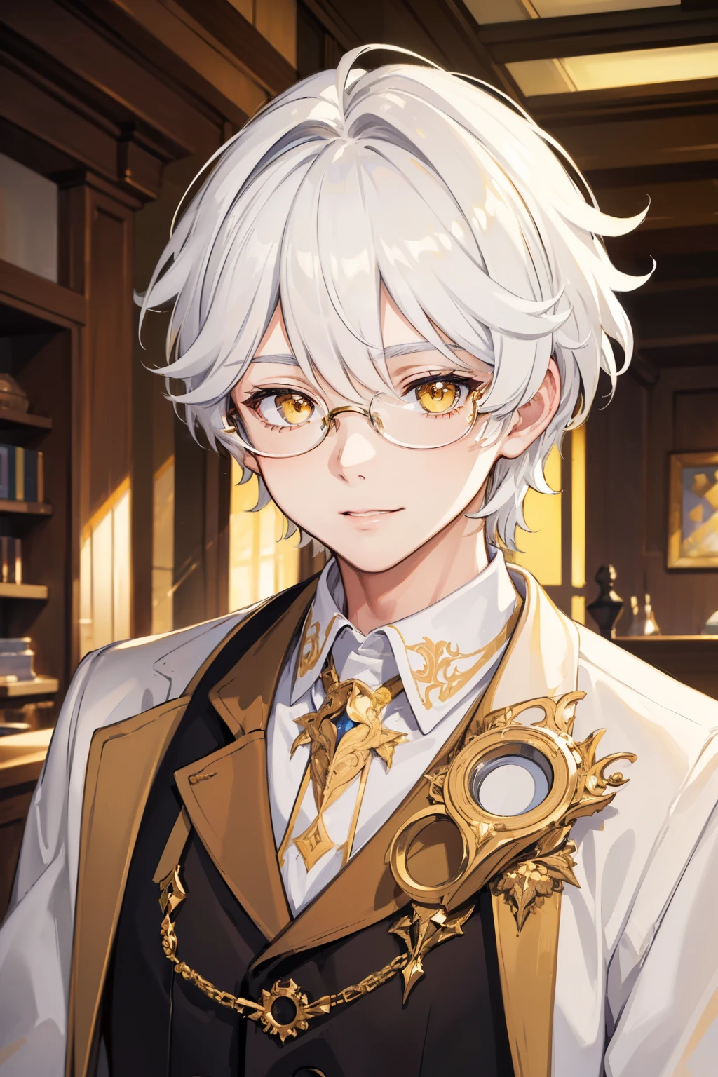 (best quality:1.3), (masterpiece:1.3), (illustration:1.3), (ultra-detailed:1.3), (imid shot:0.9), 1boy, yellow eyes, (((white hair))), glasses, short hair, indoors, upper body, close up, coat, young, looking at viewer, warm smile