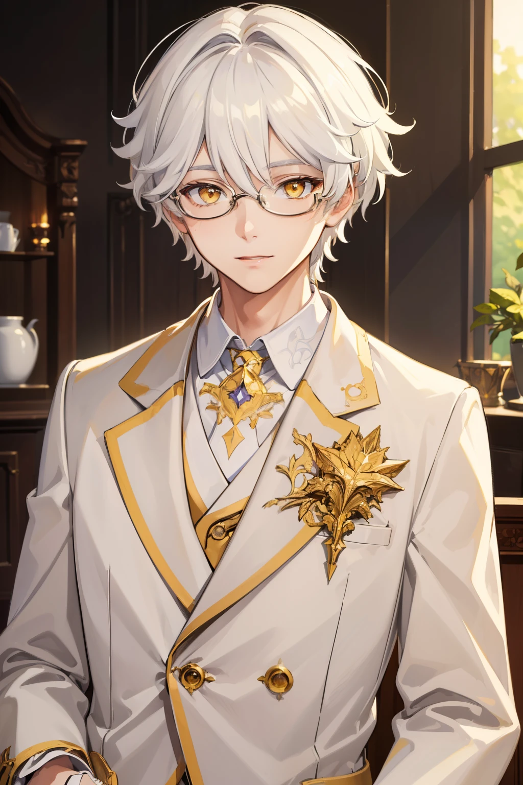 (best quality:1.3), (masterpiece:1.3), (illustration:1.3), (ultra-detailed:1.3), (imid shot:0.9), 1boy, yellow eyes, (((white hair))), glasses, short hair, indoors, upper body, close up, coat, young, looking at viewer, warm smile