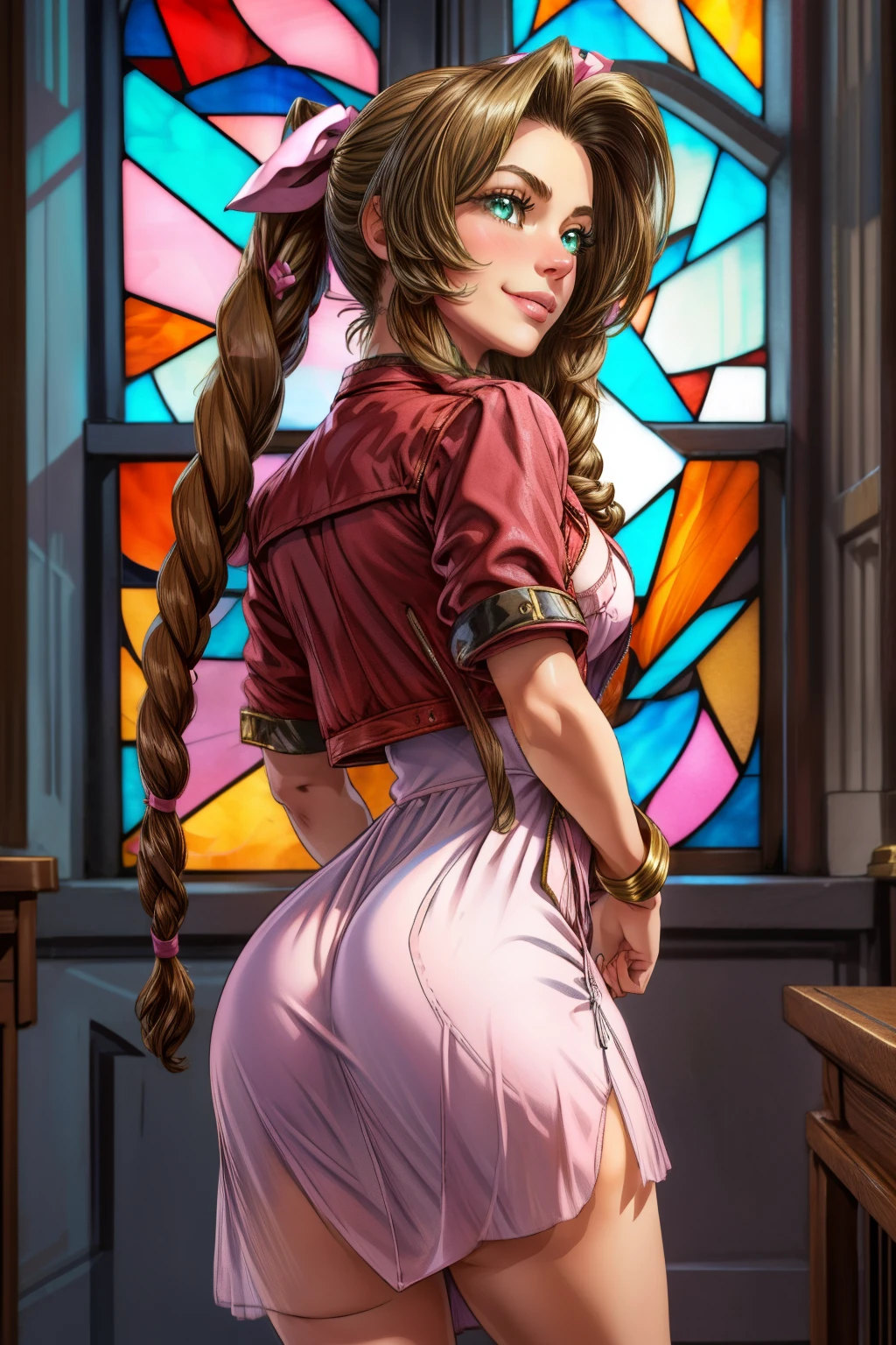 masterpiece, best quality, aerith gainsborough, bending over, lifting dress, athletic build, slim waste, wide hips, perky ass, choker, cropped jacket, hair bow, bracelet, pink dress, looking at viewer, smile, closed mouth, indoors, stained glass window