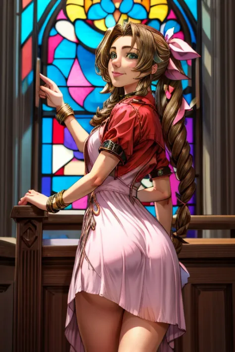 masterpiece, best quality, aerith gainsborough, bending over, lifting dress, athletic build, slim waste, wide hips, perky ass, c...