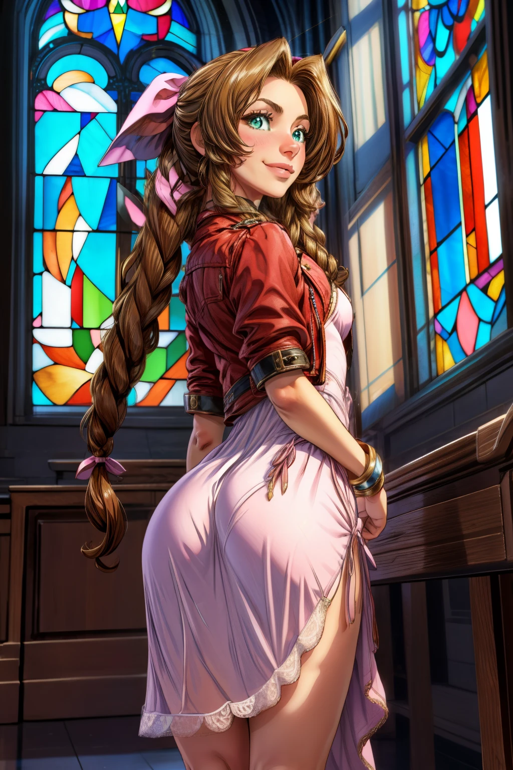 masterpiece, best quality, aerith gainsborough, bending over, lifting dress, athletic build, slim waste, wide hips, perky ass, choker, cropped jacket, hair bow, bracelet, pink dress, looking at viewer, smile, closed mouth, indoors, stained glass window