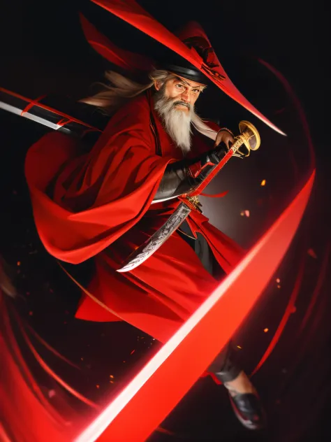 Folding fan in one hand，The other hand holds a sword，Clear facial features，Have a beard，Fierce expression，red robe，black shoes and hat