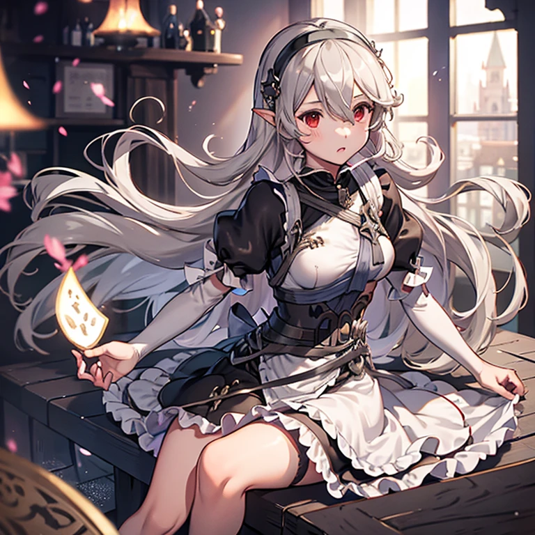 corrin FE、Silver-haired long、red eyes、Ashamed、knee-length black maid uniform、a castle yard、With the hem of the skirt、Black headband