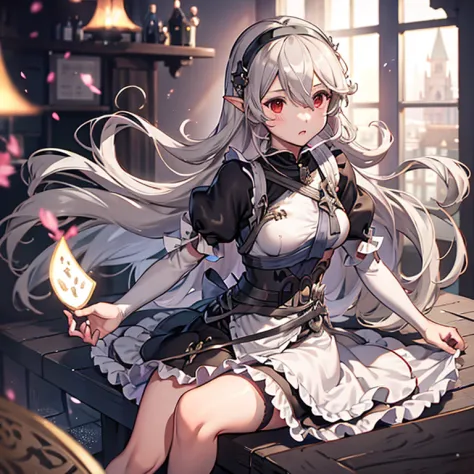 corrin FE、Silver-haired long、red eyes、Ashamed、knee-length black maid uniform、a castle yard、With the hem of the skirt、Black headb...