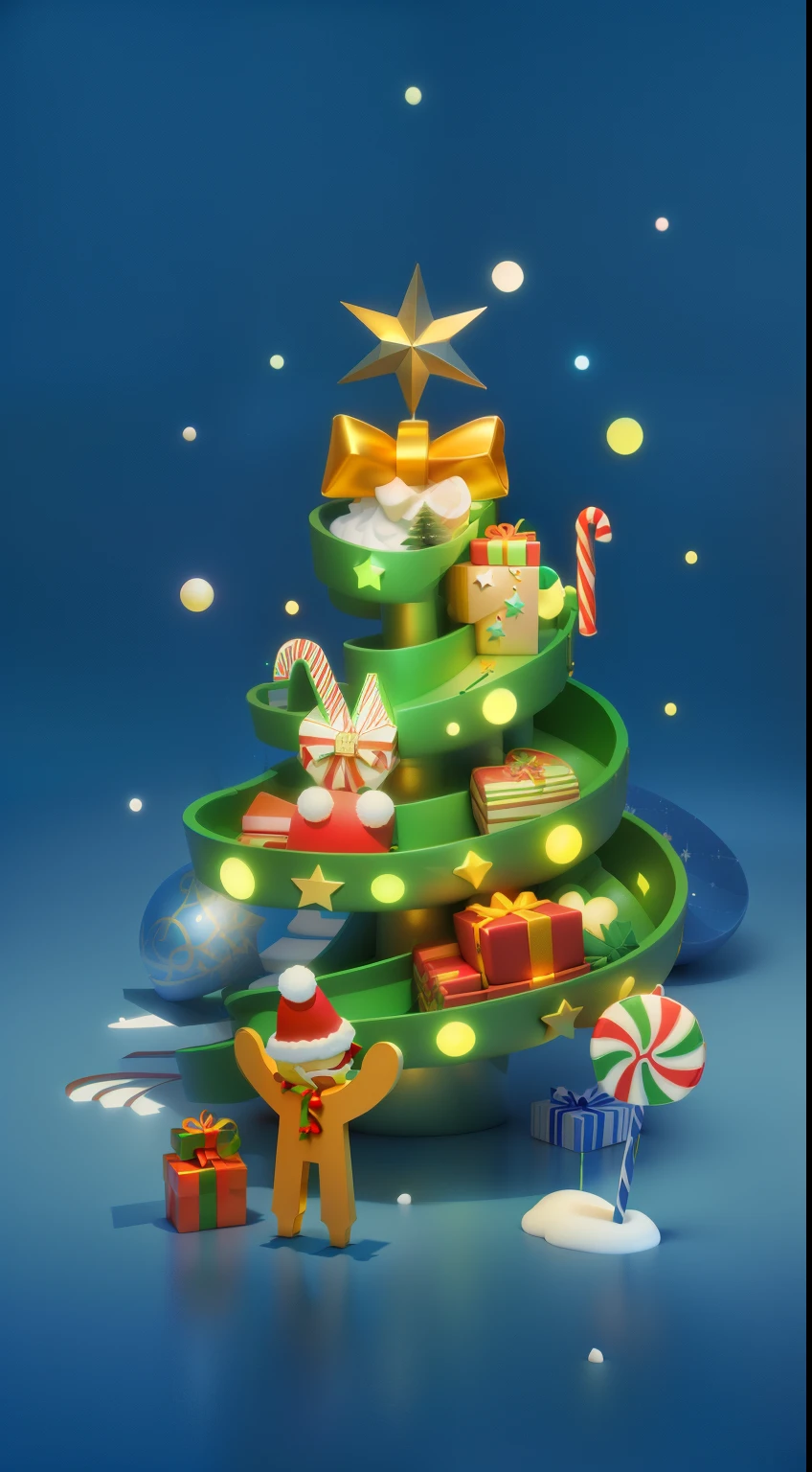 Il y a un toboggan en forme de sapin de Noël，Il y a beaucoup de cadeaux dessus, Descendez le toboggan,L&#39;homme aux biscuits，les chaussettes de Noël，Art du jeu mobile des cloches de Noël, illustration numérique stylisée, illustration 3D, illustration 3D, stylisé comme un rendu 3D, Icônes 3D pour jeux mobiles, vacances, rendu 3D stylisé