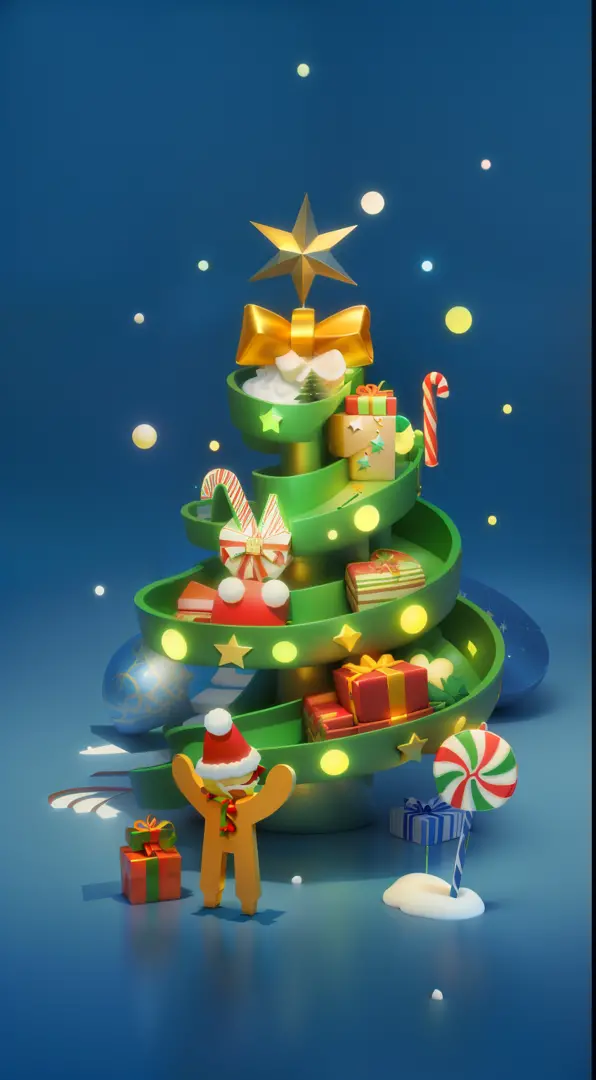 There is a slide in the shape of a Christmas tree，There are many gifts on it, Go down the slide,Cookie Man，Christmas stockings，Christmas Bells Mobile Game Art, Stylized digital illustration, 3d illustrations, 3d illustrations, stylized as a 3d render, 3D icons for mobile games, vacation, stylized 3d render