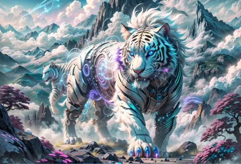 (Best quality at best, 8K,A high resolution,tmasterpiece:1.2),ultra - detailed),future robot animal white tiger,full body shot o...