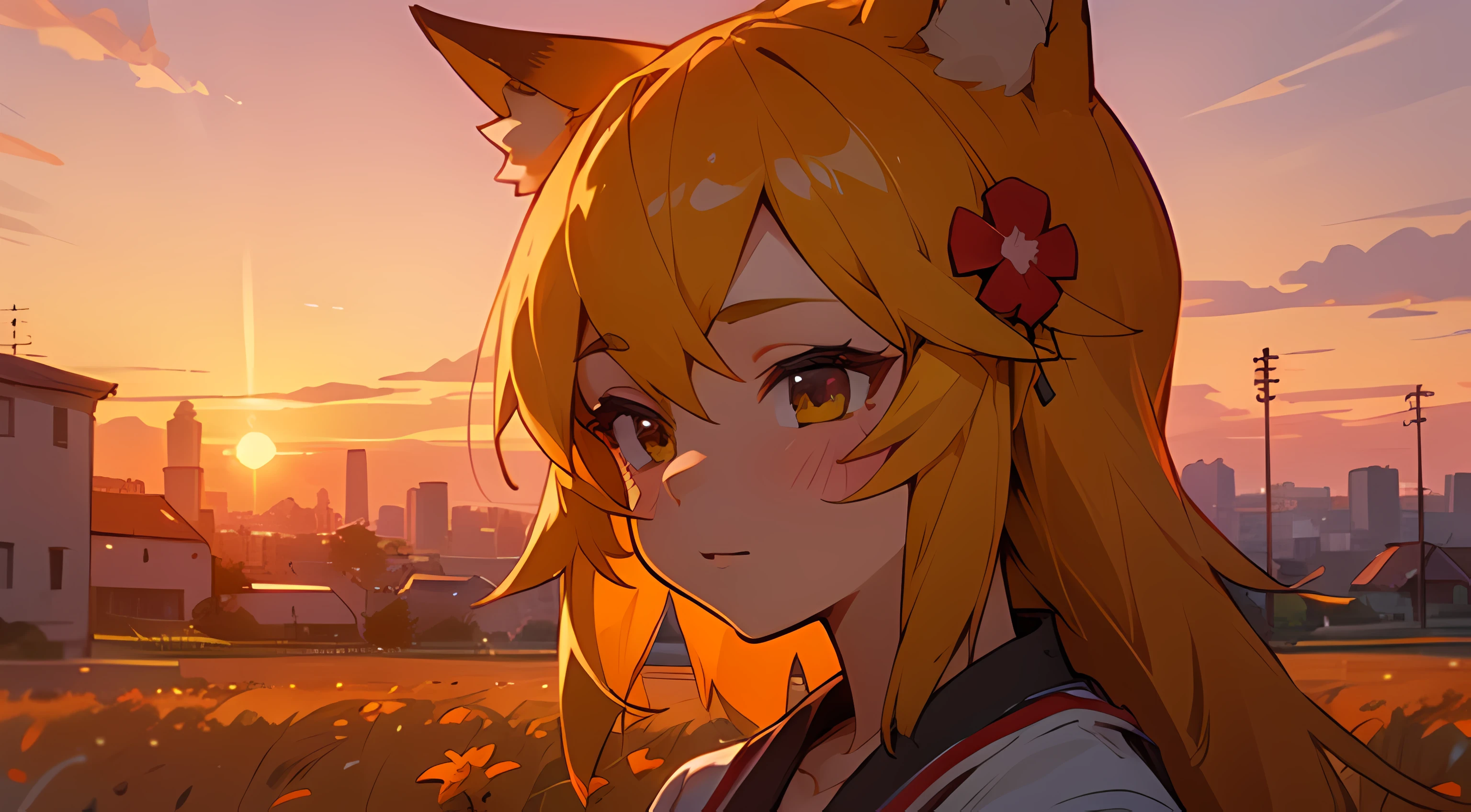 A  girl, Fox ears, field, orange flowers. super detailed, detailed ears, Detail Eyes, girl 4K, Detailed flowers, beautiful clouds, detailed blocks, beautiful buildings, Beautiful city, Beautiful sunset, detailed city, detailed sunset, detaled face, beatiful face, average height.