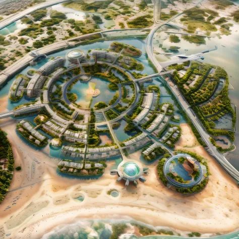 arafed aerial view of a resort complex with a river and a bridge, dubai, above view, aerial illustration, conceptual, bird's eye view, floating city, hyperdetailed!, mixed development, birds eye view, solarpunk village, a digital rendering, big!!!!!!!!!!!!...