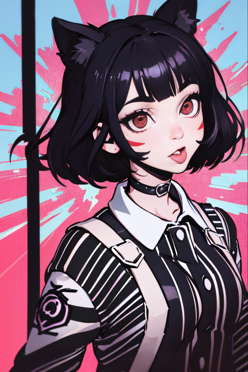 araffe girl with black and white striped shirt sticking out her tongue, she has black hair with bangs, goth girl aesthetic, y 2 k cutecore clowncore, very very low quality picture, 1 7 - year - old goth girl, “uwu the prismatic person, she has a cute expressive face, ((red)) baggy eyes