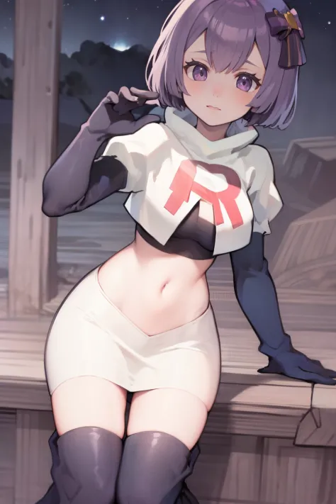 warBernie, hair bow, purple eyes, purple hair, team rocket uniform, red letter R, white skirt,white crop top,black thigh-high boots, black elbow gloves, looking at viewer, cowboy shot, sexy pose , night sky background