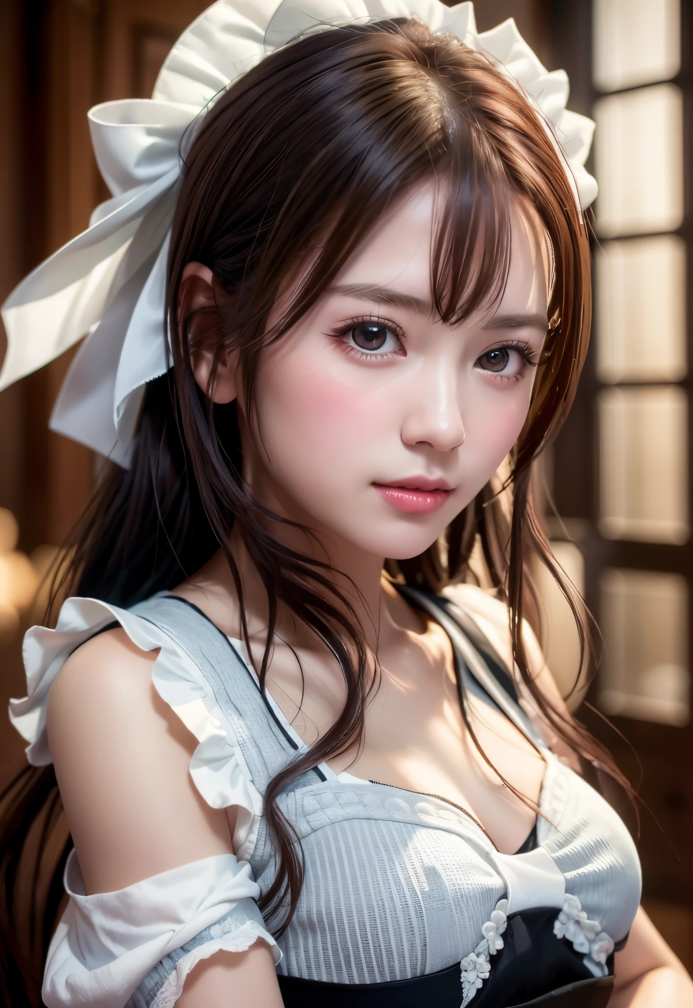 8K, of the highest quality, masutepiece:1.2), (Realistic, Photorealsitic:1.37), of the highest quality, masutepiece, Beautiful young woman, Pensive expression,、A charming、and an inviting look, Cute Maid Clothes, Hair tied back, Cinematic background, Light skin tone