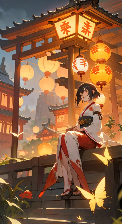 sitting on a bench，anime girl with lantern on background, palace ， a girl in hanfu, guviz-style artwork, girl under lantern, art...