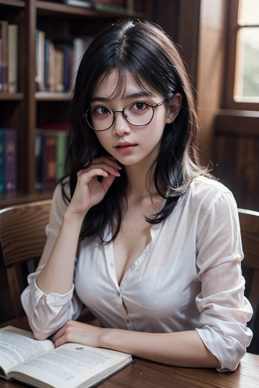 16-year-old woman, black hair color hair, streaked hair, multicolored hair, Beautiful hairstyle, transparent thin frame glasses, thinking face, ssmile （Wear button-down shirts, Large breasts）, sitting down, Learn, intermittently, lying on the table, get a pencil, opened book, glass of milk, table light, intermittently, In the library, Wall decoration, Mini library, glass window, wall clock, intermittently, 电影灯光, realistically, tmasterpiece, Best quality at best, Complex CG, The face is very detailed, High detail eyes, There is milky white liquid flowing on the surface of the chest skin