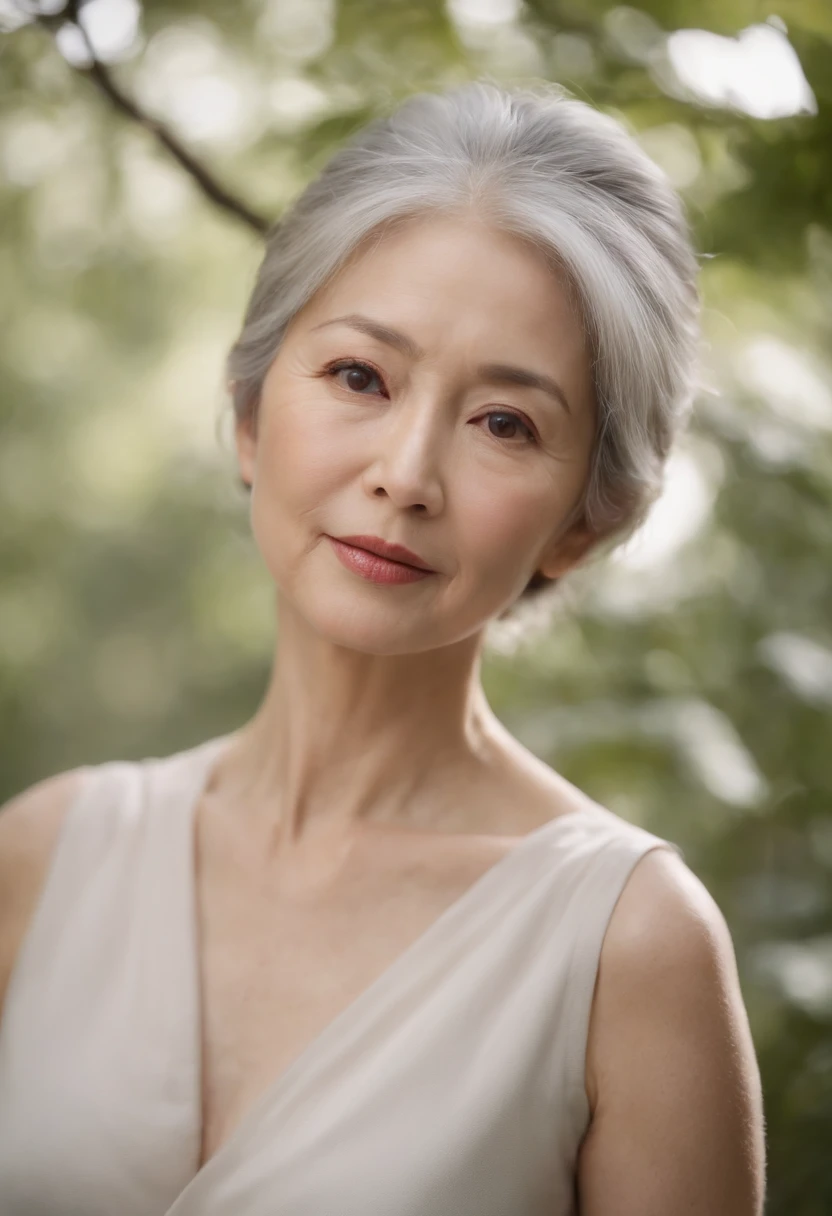 An older woman with grey hair and a white dress posing for a picture -  SeaArt AI