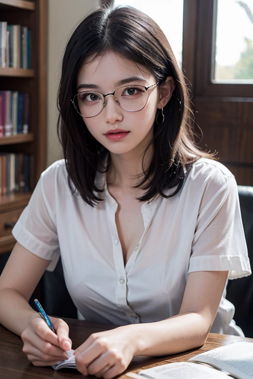 16-year-old woman, streaked hair, Beautiful hairstyle, transparent thin frame glasses, thinking face, ssmile （Wear button-down shirts, Large breasts）, sitting down, Learn, intermittently, lying on the table, get a pencil, opened book, glass of milk, table light, intermittently, In the library, Wall decoration, Mini library, glass window, wall clock, intermittently, 电影灯光, realistically, tmasterpiece, Best quality at best, Complex CG, The face is very detailed, High detail eyes, There is milky white liquid flowing on the surface of the chest skin, hair bun