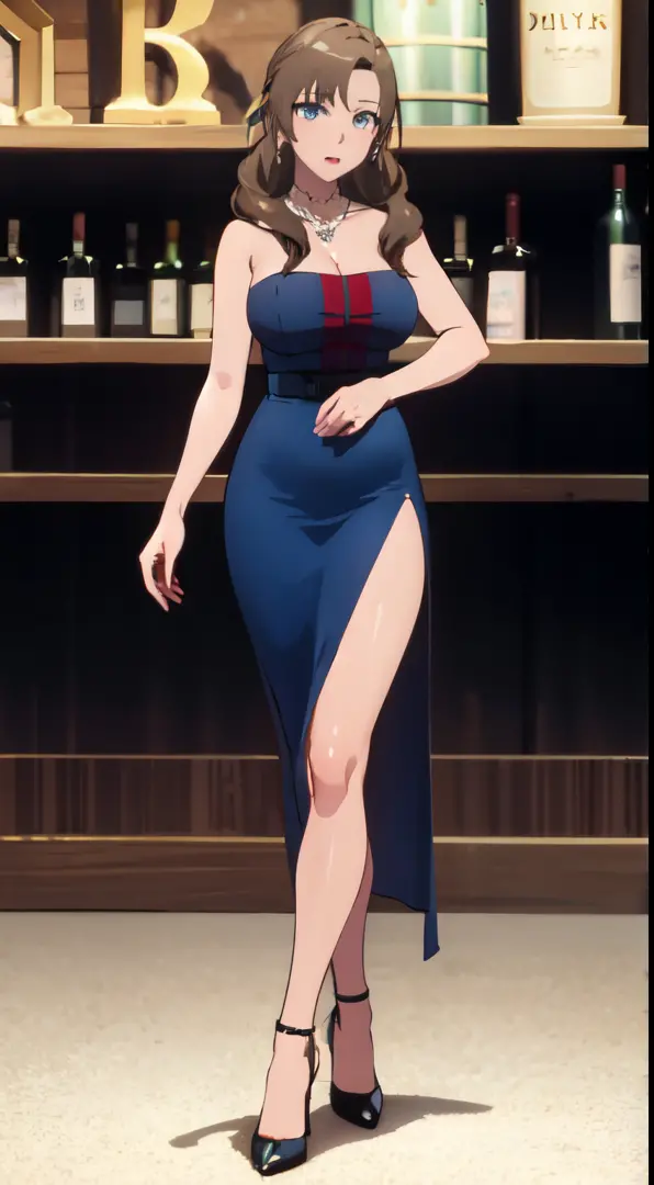 (masterpiece), best quality, expressive eyes, perfect face, party, diamond necklace, holding red wine, one shoulder blue dress, side slit, large breasts, toned body, thick thighs, pussy, full body, high heels,