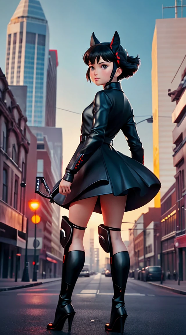 Best image quality, outstanding detail, ultra high resolution, (realism: 1.4), best illustration, prefer details, futuristic high-tech motorcycle, standing posture, Kiki posing, background is a high-tech lighting scene of futuristic city, black coat, slit, red ribbon, kiki, gigi, active,