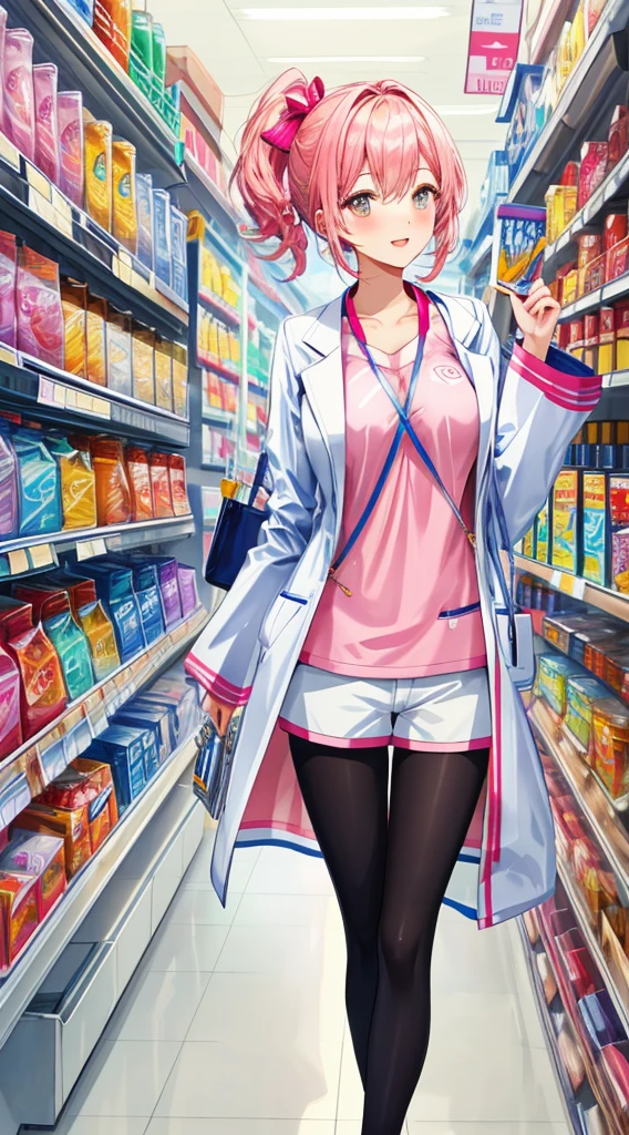 //Character 1girl,cheerful chekout clerk , perfect body, slim curve, ultra detailed face, super beautiful, innocent, cute girl, thin eyeblow, rond face, smiling full of compassion, half opened mouth, kissing face,beautiful short bobstyle, BREAK //Fashion uniform of a convenience store Attire, pale pink shirt and japanese happi coat with striped pattern and signature of the shop on it, white loose shorts, name tag, dark toned full length tights, ultra detail, complicated pattern on the tights BREAK at a checkout counter, at the convenience store , at noon , gentle light, Break standing, checking out sales items on the checkout counter