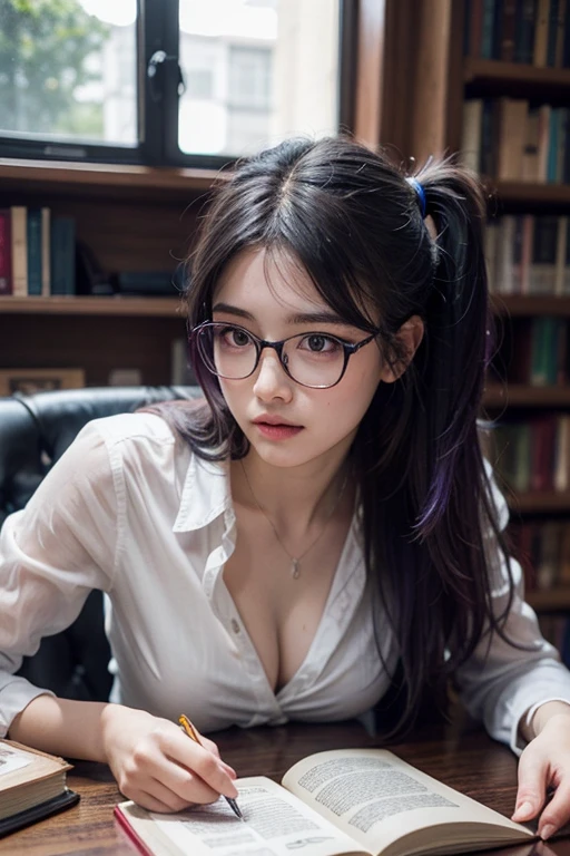 16-year-old woman, streaked hair, Beautiful hairstyle, transparent thin frame glasses, thinking face, ssmile （Wear button-down shirts, Large breasts）, sitting down, Learn, intermittently, lying on the table, get a pencil, opened book, glass of milk, table light, intermittently, In the library, Wall decoration, Mini library, glass window, wall clock, intermittently, 电影灯光, realistically, tmasterpiece, Best quality at best, Complex CG, The face is very detailed, High detail eyes, There is milky white liquid flowing on the surface of the chest skin, purple hair, hair two side up