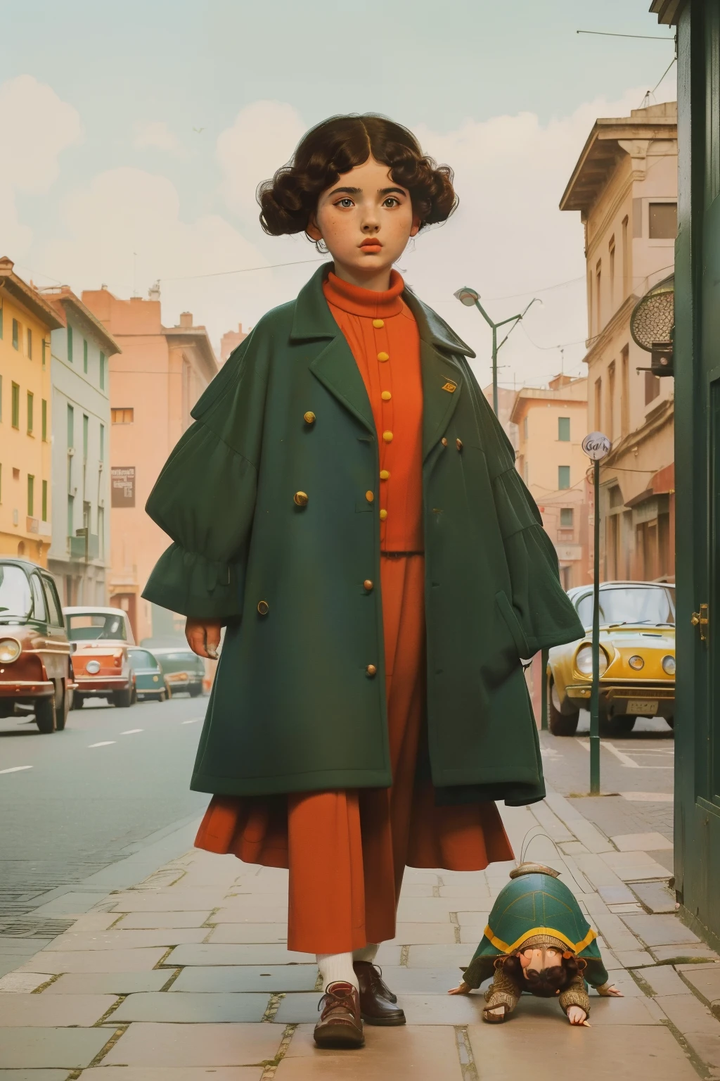 1965, Italy. Pre-raphaelite ((((9-year-old)) Momo)), homeless girl, messy short curly hair, oversized coat, city street, walking next to a big turtle, ((((big and unkempt Clothing from the 1960s)))), ((curly Hairstyle of the 1960s)), ((Wes Anderson cinematic style)), colorful