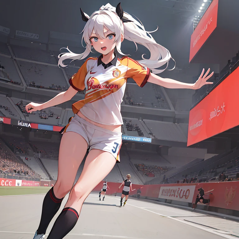 obra maestra, mejor calidad, 1 chica, solo, kiana_Flamescion, pelo largo y blanco, cola de caballo, blue eyes,Kiana viste la camiseta del Galatasaray,en el estadio,correr,balón de fútbol,haciendo dribling,vestir como futbolista,