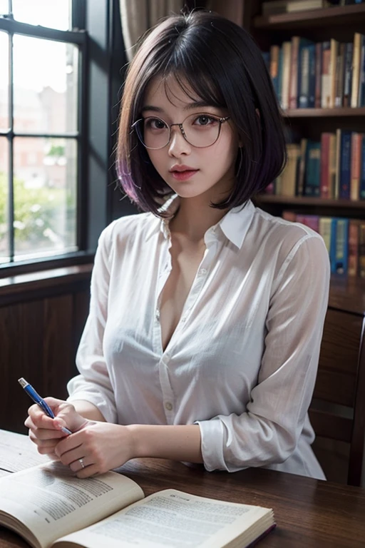 16-year-old woman, streaked hair, Beautiful hairstyle, transparent thin frame glasses, thinking face, ssmile （Wear button-down shirts, Large breasts）, sitting down, Learn, intermittently, lying on the table, get a pencil, opened book, glass of milk, table light, intermittently, In the library, Wall decoration, Mini library, glass window, wall clock, intermittently, 电影灯光, realistically, tmasterpiece, Best quality at best, Complex CG, The face is very detailed, High detail eyes, There is milky white liquid flowing on the surface of the chest skin, purple hair, bob cut