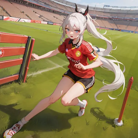 masterpiece, best quality, 1girl, solo, kiana_flamescion, long white hair, ponytail, blue eyes,Kiana wear Galatasaray football s...