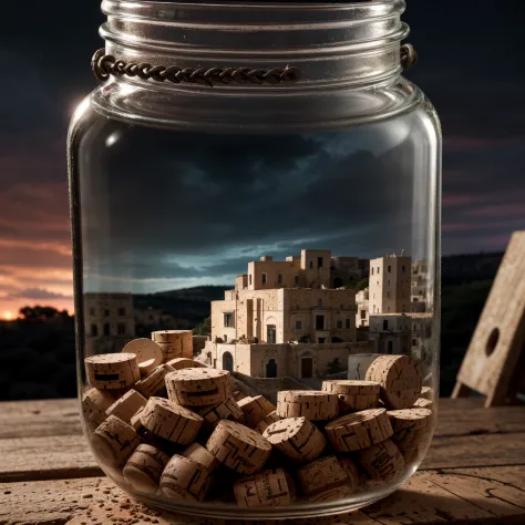 (An intricate minitown Matera landscape trapped in a jar with cork), atmospheric greenish lighting, Realism, film grain, super d...