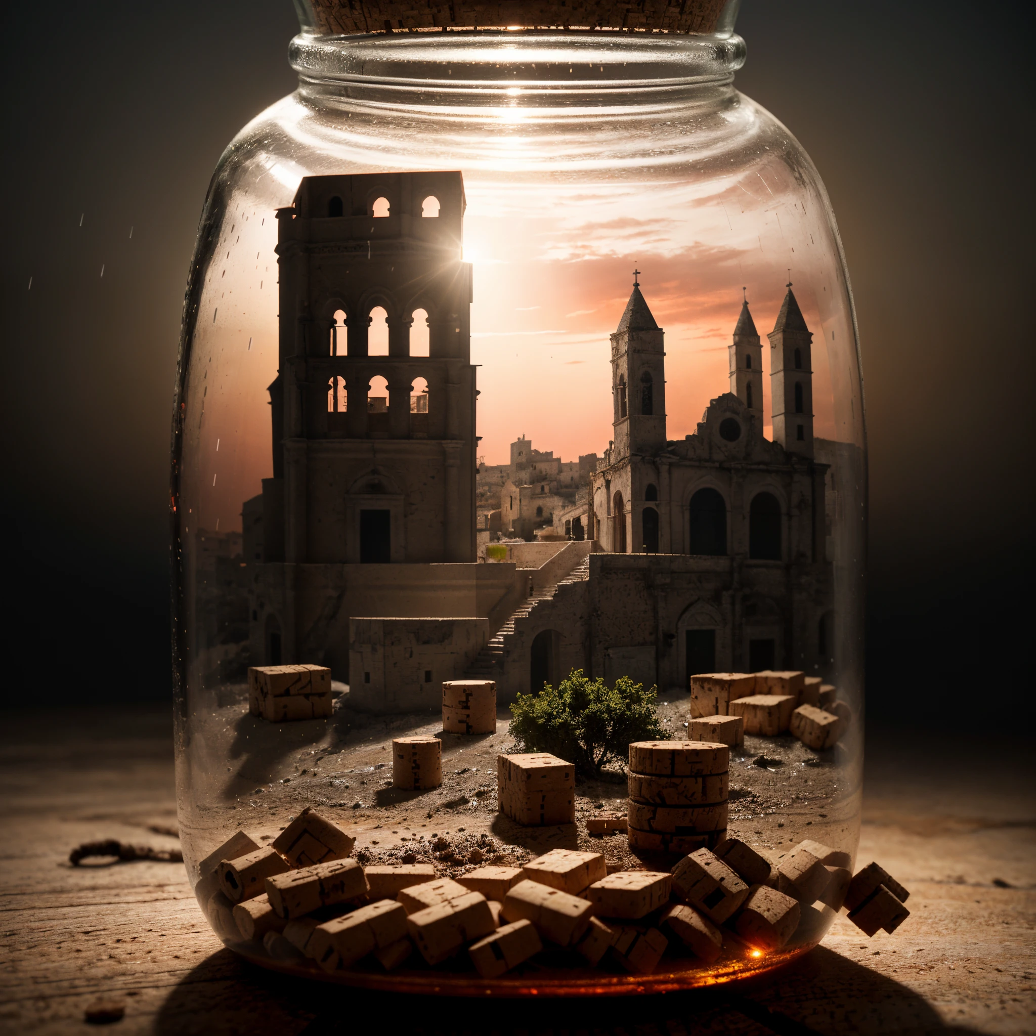 (An intricate minitown Matera landscape trapped in a jar with cork), atmospheric greenish lighting, Realism, film grain, super detail, on a white desk, it's raining inside the jar. 4k UHD, dark vibes, hyper detailed, vibrant colors reddish sky background, epic composition, octane render, sharp focus, high resolution isometric, closeup view.