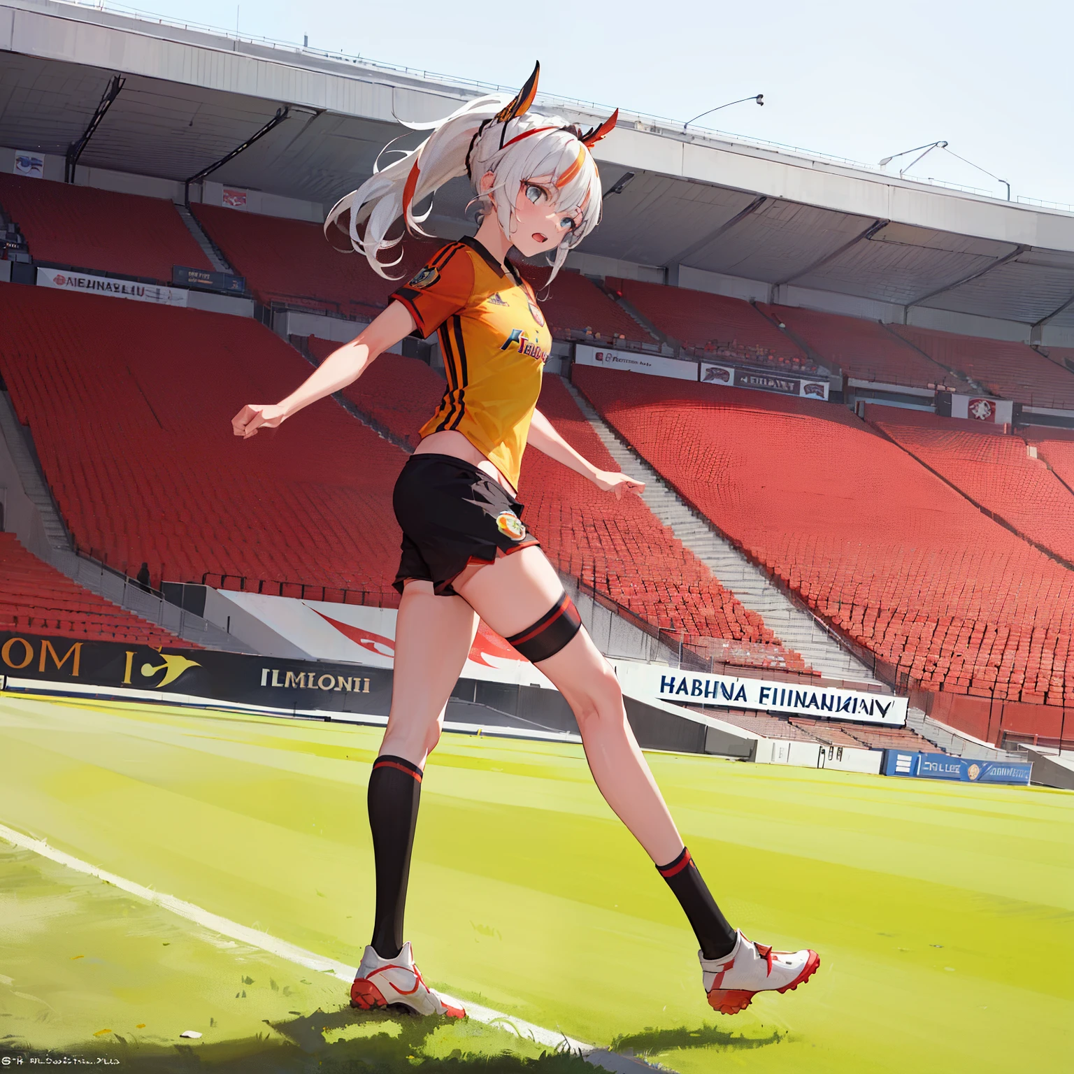 masterpiece, best quality, 1girl, solo, kiana_flamescion, long white hair, ponytail, blue eyes,Kiana wear Galatasaray football shirt,in stadium,running,soccer ball,doing dribling,wear like footballer,Galatasaray amblem,black and red Galatasaray football t-shirt,soccer stadium with perfect grass,