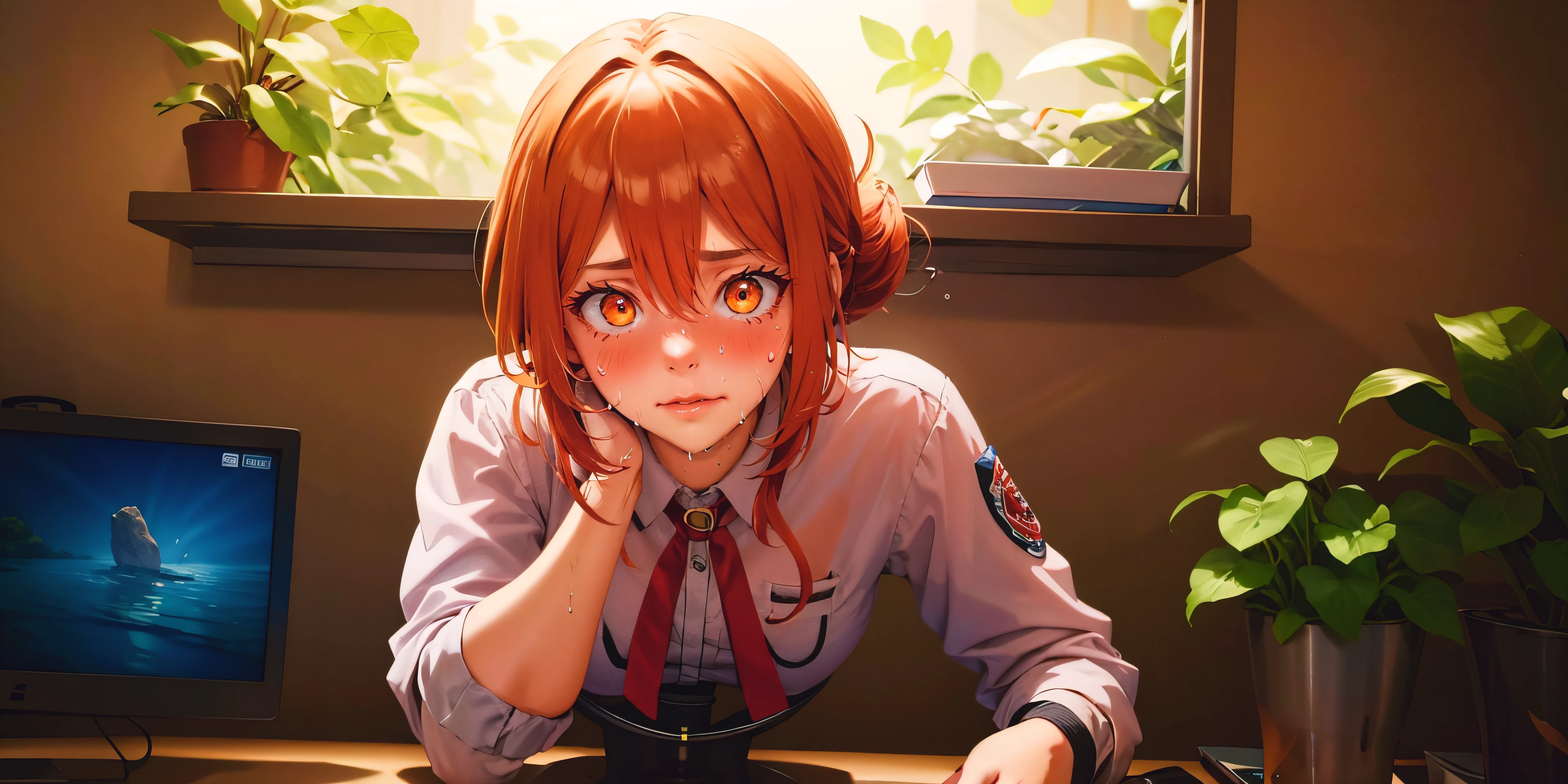 anatomically correct, best quality, masterpiece, high quality, high details, highres, HD, (shaded face:1.2), hollow eyes, orange eyes, looking at viewer, annoyed, blush face, lips, orange hair, hair bun, through screen, stuck, monitors, upped body, monitors, desk, dimly lit, sweating, wet, water drop,