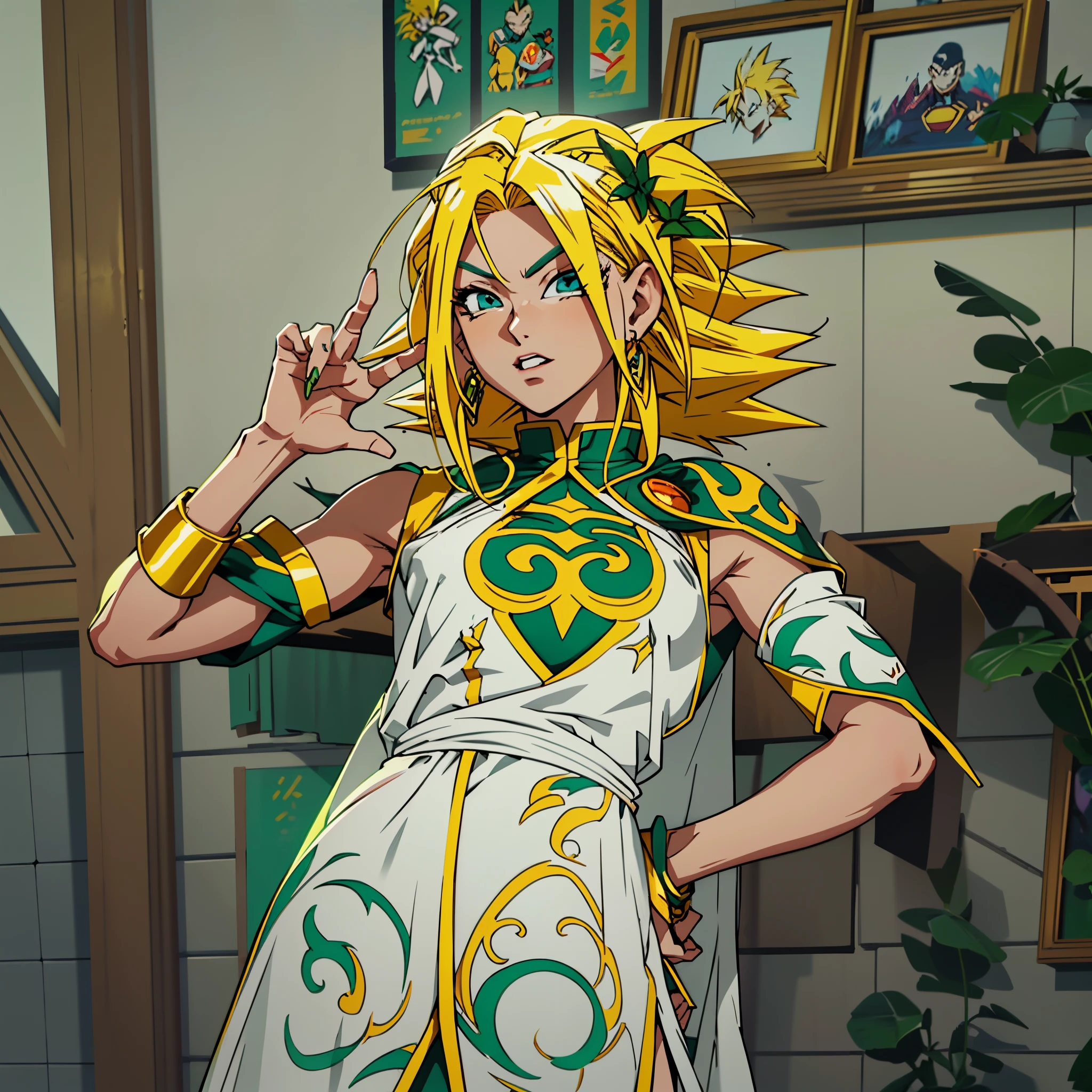 arafed woman in a white dress with green and gold accents,2D,Comic style, comics, dragonball,Son Goku,quadratic element,shoun,head portrait,super saiyan, ((yellow hair:1.3)),(blond hair:1.3), goku, super saiyan, dragon ball concept art, dragon ball artstyle,4k, manga wallpaper,