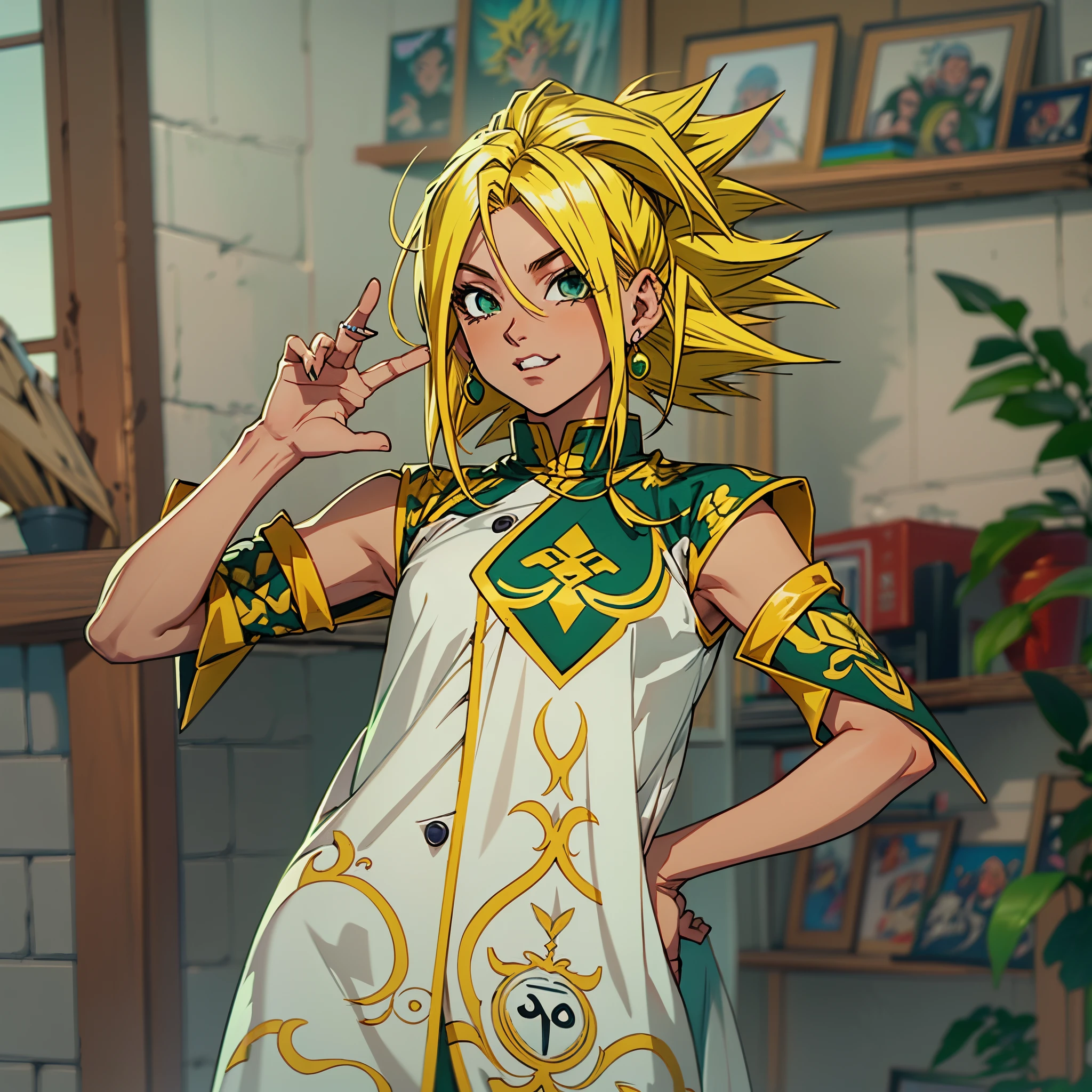 arafed woman in a white dress with green and gold accents,2D,Comic style, comics, dragonball,Son Goku,quadratic element,shoun,head portrait,super saiyan, ((yellow hair:1.3)),(blond hair:1.3), goku, super saiyan, dragon ball concept art, dragon ball artstyle,4k, manga wallpaper,