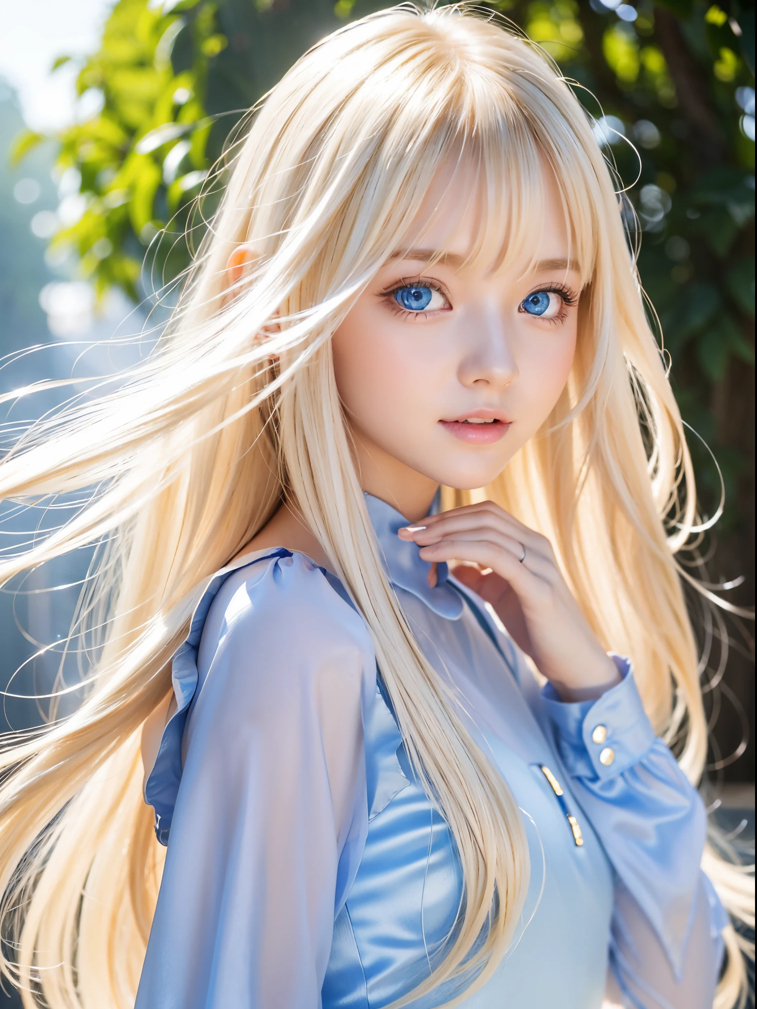 Glowing blonde dancing in front of cute face、long silky bangs covering the eyes、Cute bright and pale sky blue eyes、Very big eyes、her face is hidden by long blonde hair.、Sexy cute young woman with long blonde shining bright straight hair、Gloss Face、Teak Gloss、bright expression