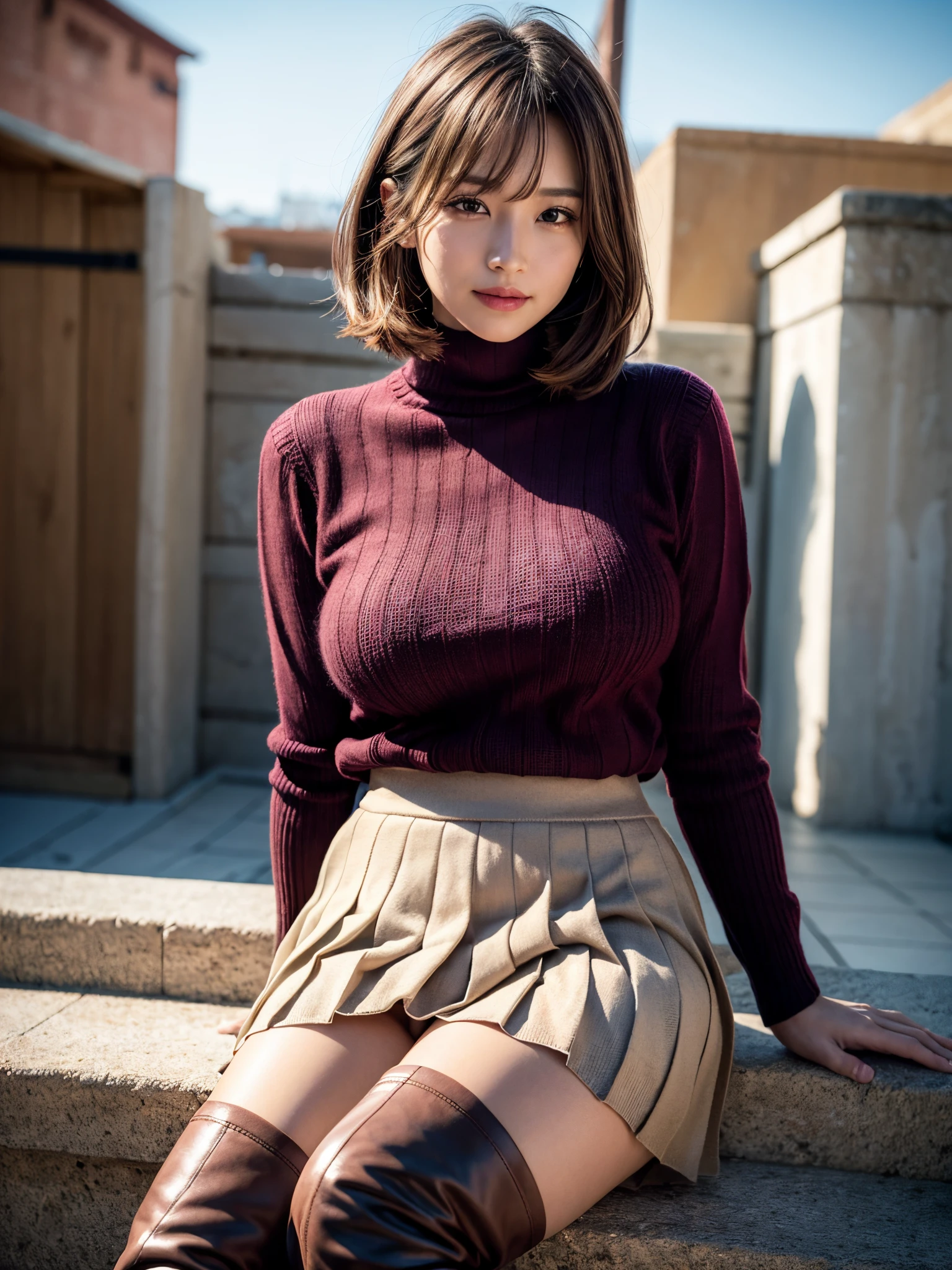 8K,Best Quality, masutepiece, ultra-detailliert, 超A high resolution, Photorealistic, Raw photo, absurderes, absolutely resolution, 1girl in, Solo,upperbody shot, Looking at Viewer,a Japanese young pretty woman, hyper cute face, Glamorous figure, Large breasts , Long bob hair ,Smile,(Pleated skirt, Cashmere sweater, Over-the-knee boots:1.3), exploring new destinations, cultural immersion, wanderlust, breathtaking sights, global adventures, memorable experiences ,Glossy lips, Double eyelids in both eyes, Natural makeup, long eyelashes, Glossy smooth light brown long bob hair, asymmetrical bangs, Shiny skin, central image, High resolution, high detailing, detailed hairstyle, Detailed face, spectacular movie lighting, Octane Rendering, Vibrant, Hyper realistic, Perfect limbs, Perfect Anatomy