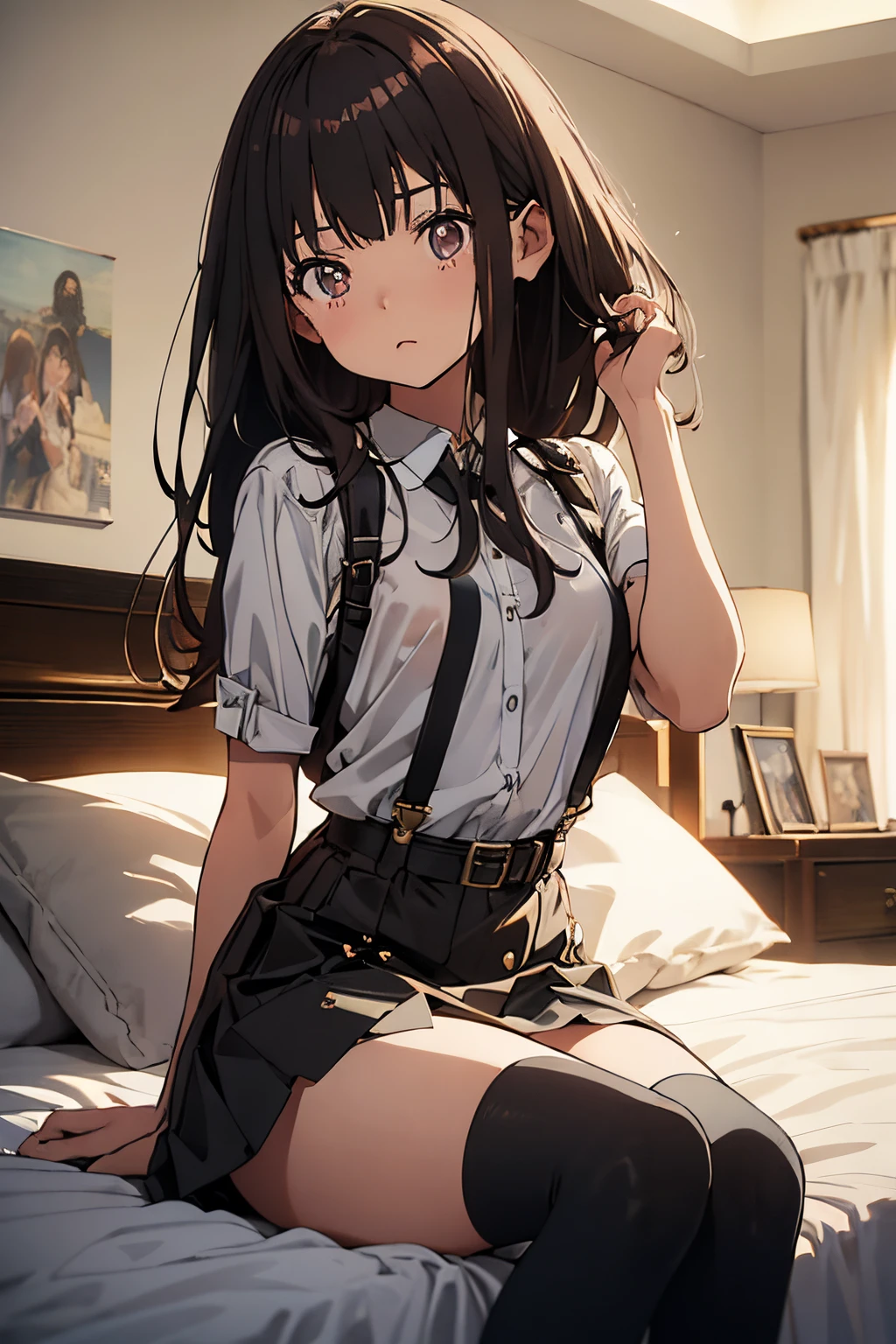 flat-colors、depth of fields、lens flare 1 girl、、Brown hair、watching at viewers　　　black suspenders　　　Bulging big breasts　　 　 　　　walls: 　Black miniskirt　garters　　　　　　Gaze　　　Small face　bangss 　　　　　a belt 　Beautuful Women　hands up　Lying in bed　 　　sideways eyes