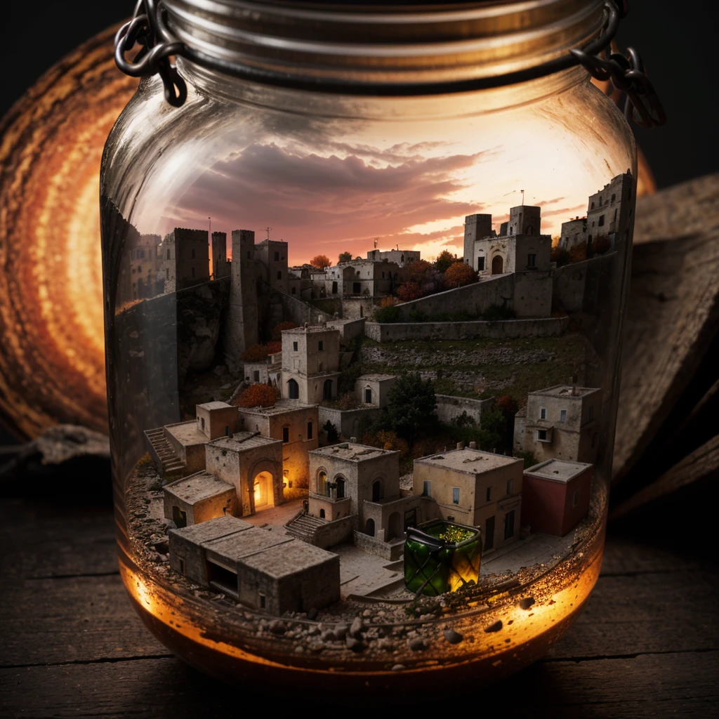 (An intricate minitown Matera landscape trapped in a closed jar), atmospheric greenish lighting, Realism, film grain, super detail, on a desk, it's autumn in the jar. 4k UHD, dark vibes, hyper detailed, vibrant colors, reddish sky background, epic composition, octane render, sharp focus, high resolution isometric, closeup view.